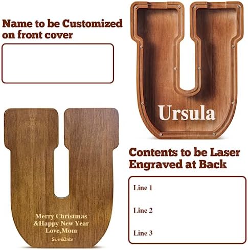 Summidate Customized Name Extra Large Wooden Piggy Bank for Kids Boys Girls Alphabets Letter A-Z Coins Bills Money Change Saving Box Clear Cover (Laser Engraved) Educational Toys 12"- Letter U