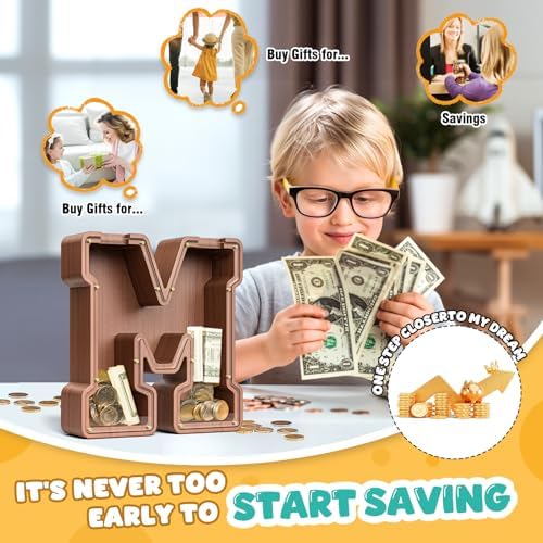 Summidate Wooden Letter Piggy Bank, Extra Thick Large Capacity Piggy Bank for Kids Boys Girls Toddler, Alphabet M Money Bank| Coin Box Birthday, Christmas, Festival