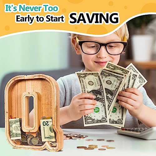 SummiDate Wooden Letter Piggy Bank| Piggy Bank for Boys Girls Toddler| Alphabet Q Money Bank| Coin Bank Birthday Gift for Kids|Birthday Gift for Kids (Q)