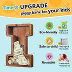 Summidate Customized Name Large Wooden Piggy Bank for Kids Boys Girls Alphabets Letter A-Z Coins Bills Money Change Bank Box Initial on Clear Cover (Laser Engraved) (Alphabet-I, Personalized-12)