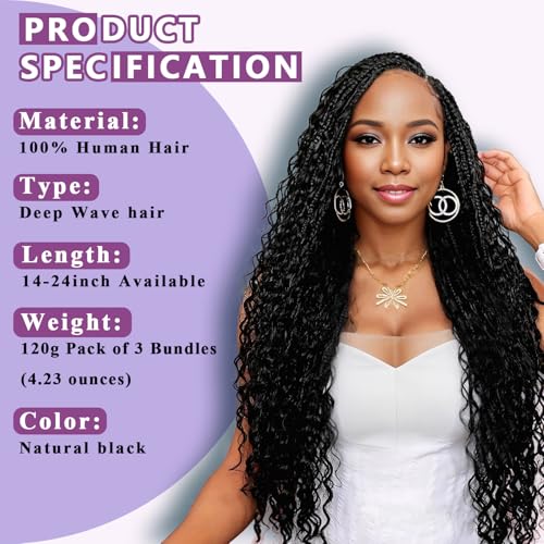 Human Braiding Hair For Boho Braids Deep Water Wave Bulk Human Hair for Braiding 12A Wet and Wavy Curly 100% Human Hair Extensions 3 Bundles 120g Natural Color 18inch