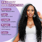 Human Braiding Hair For Boho Braids Deep Water Wave Bulk Human Hair for Braiding 12A Wet and Wavy Curly 100% Human Hair Extensions 3 Bundles 120g Natural Color 18inch
