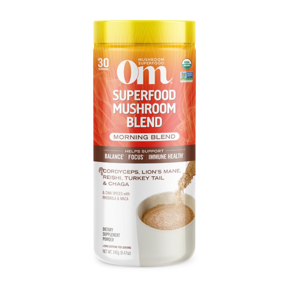 OM MUSHROOM SUPERFOOD Morning Energy Blend – Caffeine-Free Powder with Cordyceps, Lion’s Mane, Rhodiola & Vitamin D2 – Supports Energy, Focus & Endurance – 8.47 oz Canister (30 Servings)
