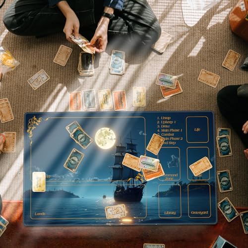 DEGDFSGR for MTG Playmat with Zones 24 x 14 inches for TCG Playmats Non-Slip Rubber Base Commander Play Mat for Card Play mat Iorcana Trading Card Game, Moon Ship Blue Sea
