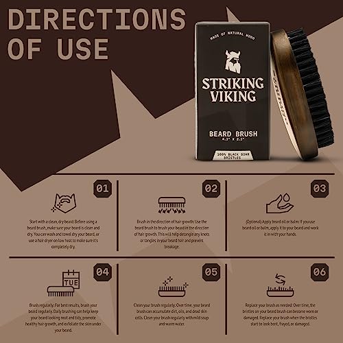 Striking Viking Boars Hair Beard Brush for Men - 4.2" Ergonomic Design with Naturally Derived Beach Wood - For Men's Beard & Mustache Care