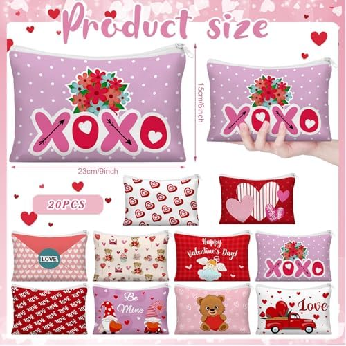 Kacctyen 20 Pack Valentine's Day Gift Makeup Bags for Women Bulk Pink Red Conversation Heart Makeup Bags 10 Style Galentines Favors Zipper Pouch Valentine Gifts for Coworkers Girlfriend Friends Wife