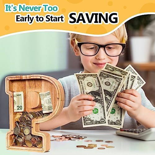 SummiDate Wooden Letter Piggy Bank| Piggy Bank for Boys Girls Toddler| Alphabet P Money Bank| Coin Bank Birthday Gift for Kids|Birthday Gift for Kids (P)