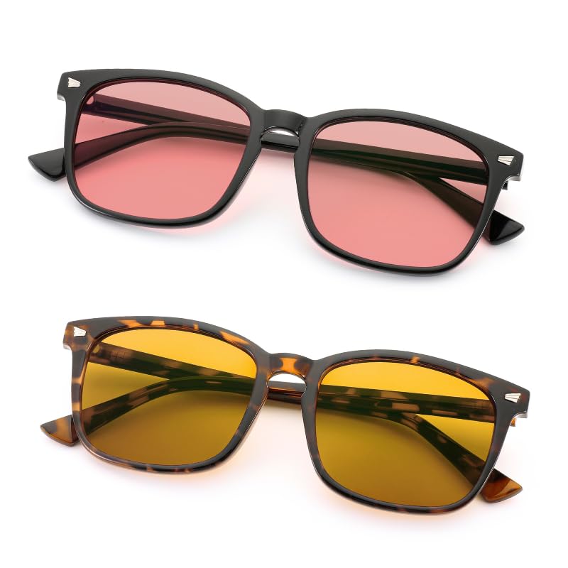 2 Pack Indoor FL-41 Pink & Outdoor Fluorescent-60 Brown Tinted Migraine Light Sensitivity Glasses for Photophobia, Fluorescent LED Glare and Computer, Two Pairs Blue Light Blocking Eyeglasses