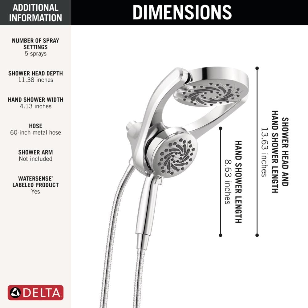Delta 5-Setting HydroRain 2-in-1 Dual Shower Head with ProClean Spray, Chrome High Pressure Shower Head with Handheld Spray, 1.75 GPM Flow Rate, Chrome 75419