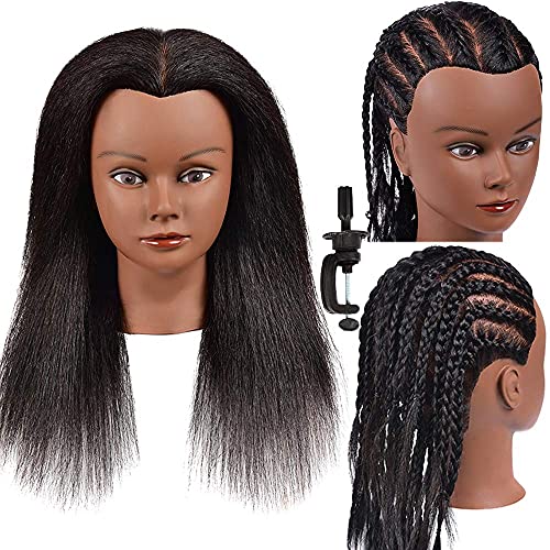 Mannequin Head 100% Real Hair for Cosmetology Manikin 16 Inch Doll Head Hairdresser Hairstylist Training Practice Styling Braiding Styling Curling Coiling Display Cosmetology with Stand