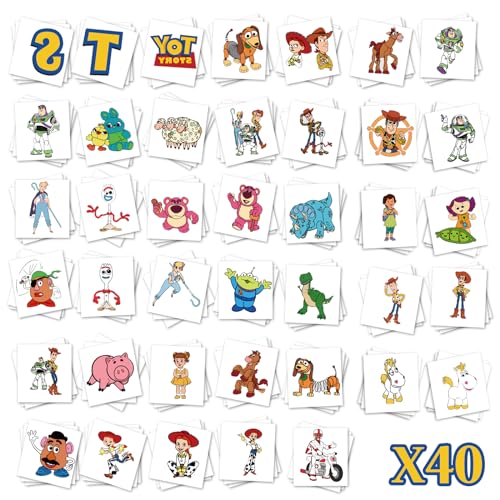 40 Pcs Toy Inspired Story Temporary Tattoos - 2x2 Inch Pre-Cut Designs for Birthday Party Favors, Supplies, Decoration, Kids' Gifts, and School Rewards
