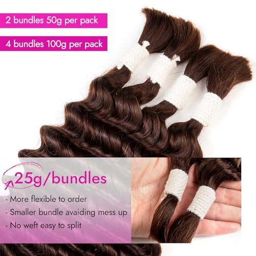 28 Inch Human Braiding Hair Deep Water Wave 2 Bundles/Pack 50g, Dark Brown Bulk Human Hair Braiding Hair for Boho Braids, Curly Wet and Wavy Braiding Boho Human Hair for Braiding No Weft