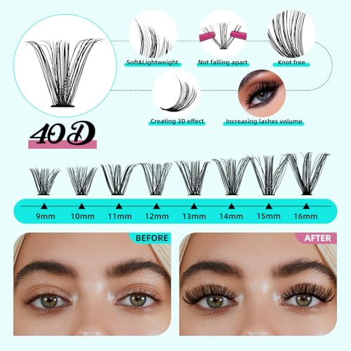 Lash Clusters Kit 240Pcs,Diy Eyelash Extension Kit 40D D Curl,Individual Lashes Cluster with Lash Bond & Seal Lash Tweezer and Lash Glue Remover,Eyelashes Extensions Kit For Beginners (D-MIX 9-16mm)