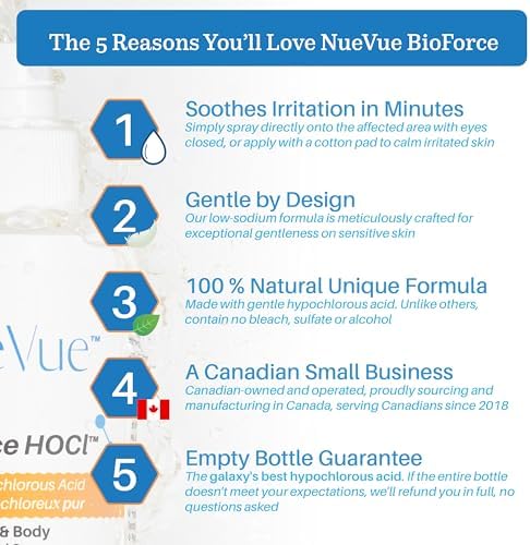 BioForce HOCl - Pure Hypochlorous Acid Spray for Face & Body - Acne-Prone Skin & Eczema, Piercing aftercare, Made in Canada, Gentle Skin Cleanser & Toner, pH Balanced, Non-comedogenic - NueVue (8.2oz)