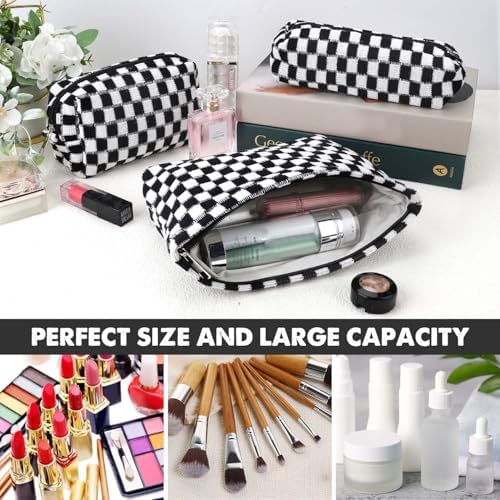 3 Pcs Makeup Bag Cosmetic Bag Set for Girls Women Checkered Travel Organizer Bathroom Toiletry Pouch Large Capacity Storage Bag (Black-White)