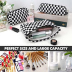 3 Pcs Makeup Bag Cosmetic Bag Set for Girls Women Checkered Travel Organizer Bathroom Toiletry Pouch Large Capacity Storage Bag (Black-White)