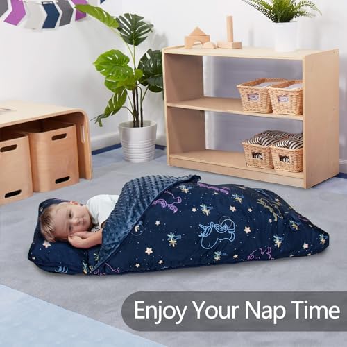 Primlect Thickened Toddler Nap Mat with Removable Pillow and Minky Blanket, Extra Large 55''x35'' Sleeping Bag, Washable, Roll up, Perfect for Daycare, Preschool, Kindergarten, Boys and Girls Unicorn