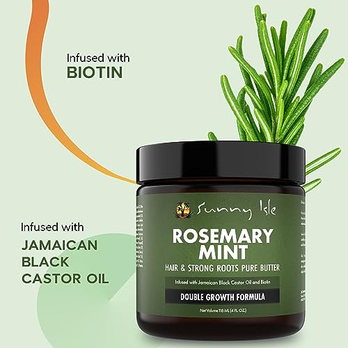 Sunny Isle Rosemary Mint Hair and Strong Roots Butter 4oz | Infused with Biotin & Jamaican Black Castor Oil | Strengthen and Nourish Hair | Dry Scalp, Split Ends
