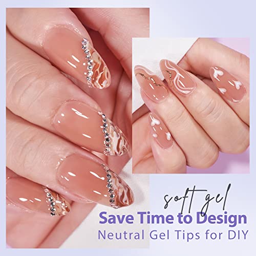BTArtbox Soft Gel Nail Tips Almond, 600PCS 5 Colors XCOATTIPS Natural Pre-applied Tip Primer Cover, Pre-colored 15 Sizes Medium Press On Nails Soak Off Fake Nails for Nail Art DIY