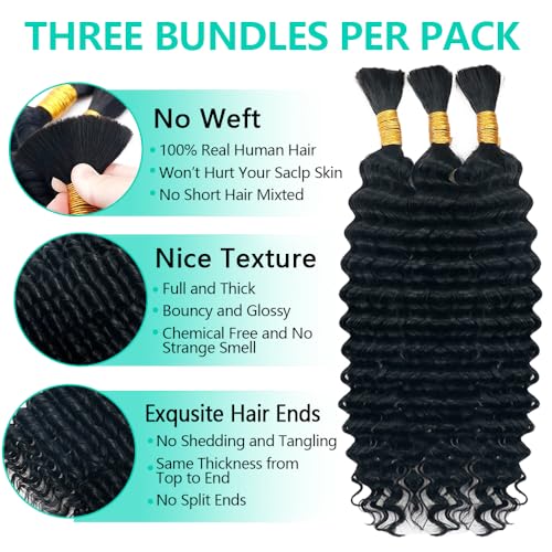 Deep Wave Bulk Human Hair For Braiding 150g Human Hair Braiding Hair For Boho Braids 100% Brazilian Virgin Human Hair Extensions 3 Bundles Wet and Wavy Human Braiding Hair (22inch, Natural Black)