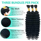 Deep Wave Bulk Human Hair For Braiding 150g Human Hair Braiding Hair For Boho Braids 100% Brazilian Virgin Human Hair Extensions 3 Bundles Wet and Wavy Human Braiding Hair (22inch, Natural Black)