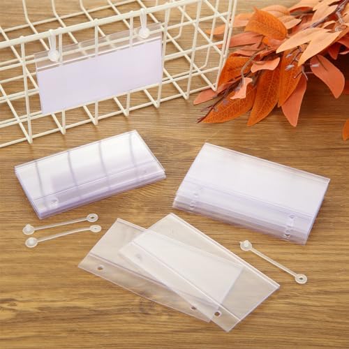 Acrux7 100 PCS Plastic Wire Shelf Label Holders 4" x 2.2" Basket Label Clips with Double Snap Lock Closure, Clear Wire Rack Label Holder Price Tag Holder for Market, Retail Shop, Pantry