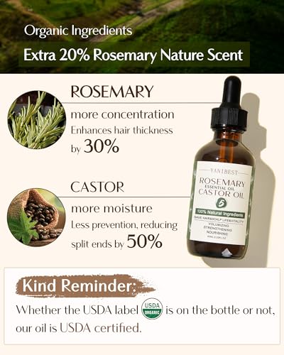 YANIBEST Organic Rosemary Essential Oil, Castor Oil, 100% Pure Natural Hair Oil for Strengthening Hair, Nourish and Repair Damaged Hair, Improve Scalp Health