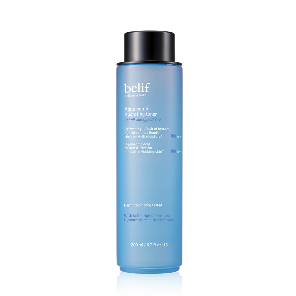belif Niacinamide Hydrating Toner – Aqua Bomb Lightweight Cooling Toner with Hyaluronic Acid, Soothing and Balancing Formula, Skin Barrier Repair and Radiant Skin, Korean Skincare, 5.07 fl oz