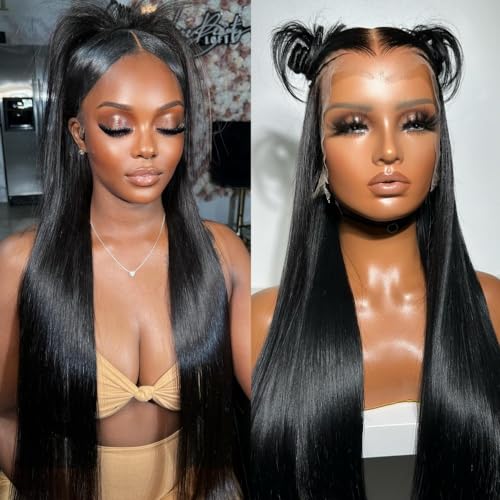 Miss Flower 250 Density Ultra-thin Invisible HD Lace Real 13x6 Full Frontal Wigs Human Hair Pre Plucked 28Inch 15A Grade Straight Lace Front Wigs Human Hair Wigs For Black Women