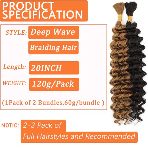 Human Braiding Hair Mix Synthetic Boho Hair for Braiding, 18 Inch Wet and Wavy Braiding Hair 2 Pcs Deep Wave Bulk Hair for Braiding Curly Bohemian Hair Extensions (P4/27, 20INCH)