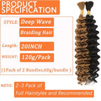 Human Braiding Hair Mix Synthetic Boho Hair for Braiding, 18 Inch Wet and Wavy Braiding Hair 2 Pcs Deep Wave Bulk Hair for Braiding Curly Bohemian Hair Extensions (P4/27, 20INCH)