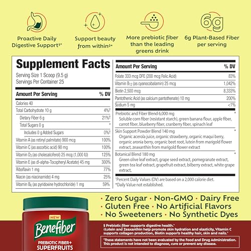 Benefiber Prebiotic Fiber + Superfruits Dietary Supplement, Strawberry Dragon Fruit Flavor, 8.8 oz (250g)