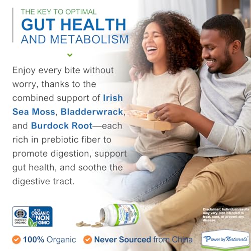 Power By Naturals SeaMoss Plus - USDA Organic Irish Sea Moss Capsules w/Wild Harvested Irish Seamoss, Bladderwrack & Burdock Root Immunity Supplement Sea Moss Pills for Adult 60Ct - 1 Pack