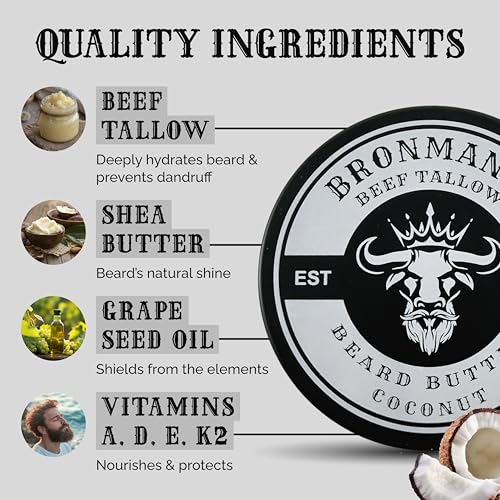 Beef Tallow Beard Butter for Men - 4oz - Hydrating Coconut Beard and Skin Balm with Shea Butter - Deeply Moisturizing Tallow