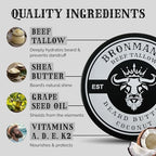 Beef Tallow Beard Butter for Men - 4oz - Hydrating Coconut Beard and Skin Balm with Shea Butter - Deeply Moisturizing Tallow