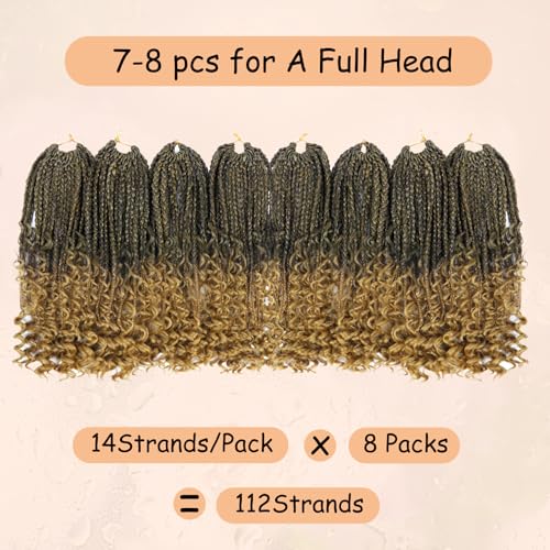 8 Pack Boho Box Crochet Braids Pre Looped with Curly Ends Ombre Blonde - 8 Inch Goddess Bohemian Box Braids Crochet Hair for Black Women Synthetic 3X Boho Crochet Hair Extensions Pre Looped T27