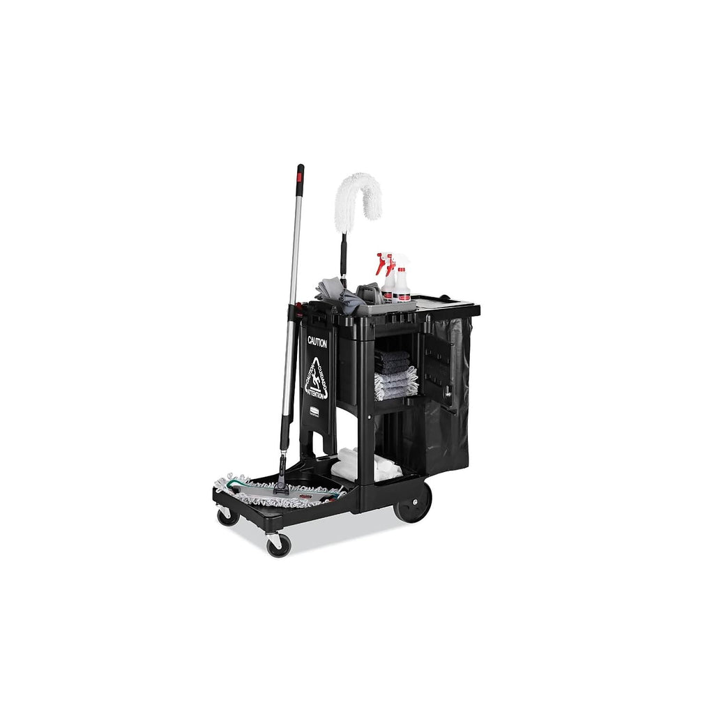 Rubbermaid Commercial Products Executive Series Janitorial and Housekeeping Cleaning Cart with Locking Cabinet, Wheeled with Zippered Black Vinyl Bag, Black, 38.4" H x 21.8" W x 46" L