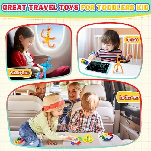 12PC Sensory Travel Toys Pack for Toddler 3 4 5 Year Old Quiet Airplane Travel Activities Essential with Icd Writing Tablet Suction Cup Color Sorting Toy for Kid ADHD Autistic Fidget Gift