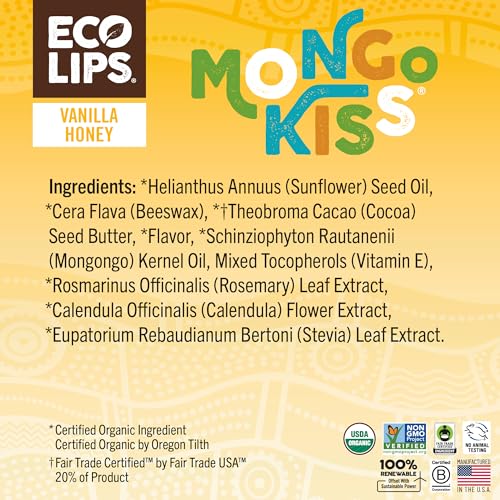 LIP BALM Mongo Kiss 6-Pack (6 tubes) Vanilla Honey by Eco Lips 100% Organic Beeswax & Cocoa Butter Lip Care with Organic Mongongo Oil - Soothe & Moisturize Dry and Cracked Lips - Made in USA