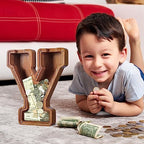 Summidate Customized Name Large Wooden Piggy Bank for Kids Boys Girls Alphabets Letter A-Z Coins Bills Money Change Bank Box Initial on Clear Cover (Laser Engraved) (Alphabet-Y, Personalized-12)