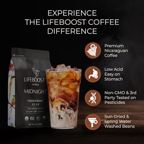 Lifeboost Midnight French Roast Coffee Beans - Single Origin Low Acid French Roast Coffee - Non-GMO USDA Organic French Roast Coffee Beans - Third Party Tested For Mycotoxins & Pesticides - 12 Ounces
