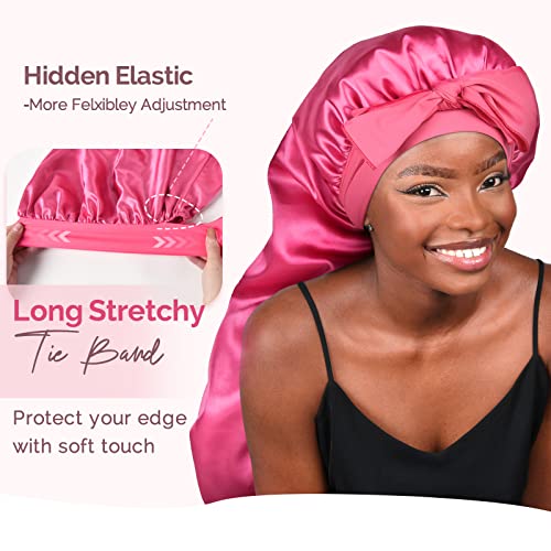 YANIBEST 2Pcs Silk Bonnet for Sleeping Braid Bonnet for Long Hair with Tie Band Bonnet for Braids for Black Women Curly Hair Locs,Hot Pink&Pink