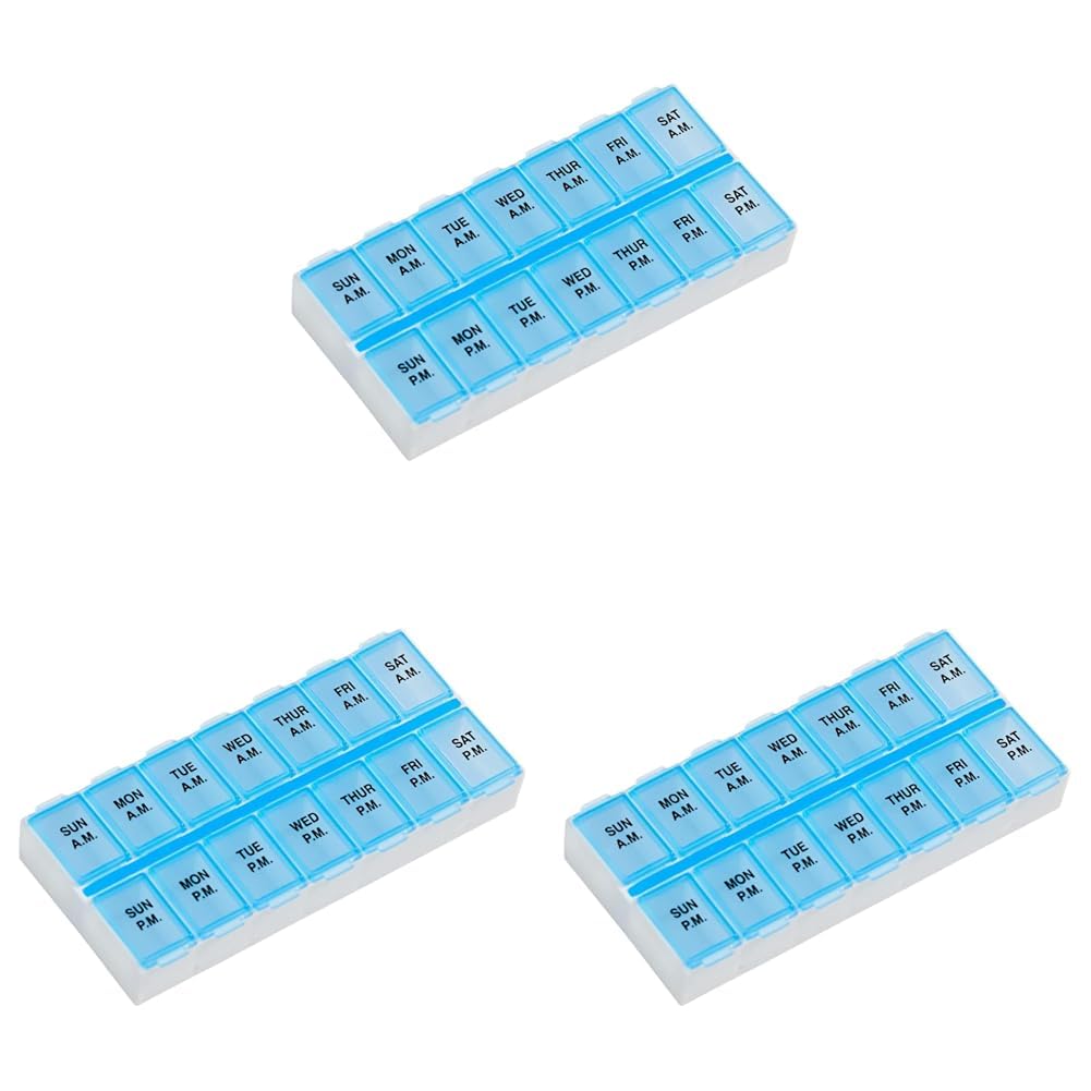 EZY DOSE Weekly (7-Day) AM/PM Daily Pill Case, Medicine Planner, Vitamin Organizer, Fish Oil Holder, Supplements Container, Medium Compartments, 2 Times a Day, Color May Vary, BPA Free (Pack of 3)
