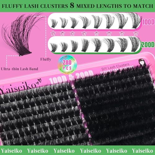 Fluffy Lash Clusters Kit 100D+200D Thick Volume Eyelash Clusters Kit 12-25mm Wispy Individual Lashes D Curl Long Cluster with Lash Bond and Seal Waterproof DIY Lash Extension Kit at Home (KIT-280PCS)