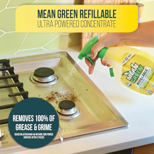 Mean Green Refillable Ultra Powered Multi-Purpose Cleaner Concentrate, Citrus & Green Tea, 14.3 fl oz (2-Pack) – Plant & Mineral Based, Cuts Through Grease & Grime, Refillable Bottle Makes 4X Refills