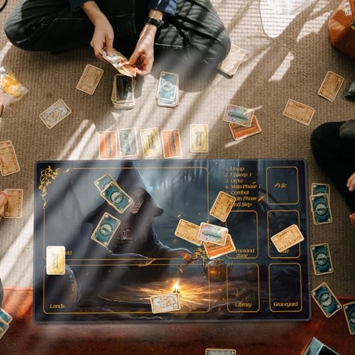 DEGDFSGR MTG Playmat with Zones - 24 x 14 inches, Non-Slip Rubber Base Commander Playmat for Magic The Gathering, Dark Forest Black Cloak Witch