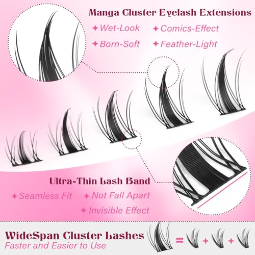 Fairy Lash Clusters Kit 8-16mm Manga Eyelash Clusters with 5-6mm Bottom Lashes C Curl Lash Extension Kit Spiky Anime Individual Lashes DIY Cluster Eyelash Extensions Kit Natural Thin Band Lash Kit