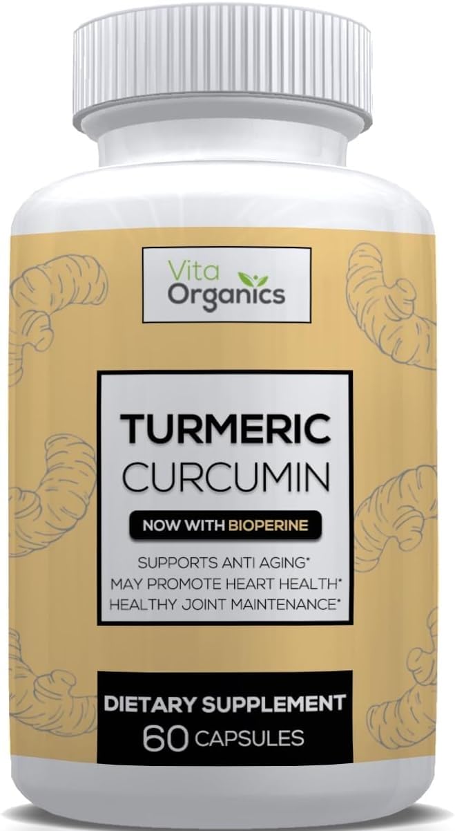 Vita Organics Turmeric Curcumin 1300mg - Extra‑Strength Joint & Inflammation Support - High Absorption with Black Pepper Extract - 95% Curcuminoids Joint Support Supplement - 60 Capsules