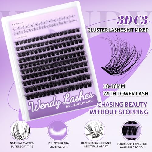 WENDY Lashes Clusters DIY Eyelash Extension Kit - 3D Effect C3 & Bottom Lashes with Bond and Seal Tweezers Cluster Eyelash Extensions Wispy Soft Individual Lashes, Suitable for Beginners, 10-16 MM