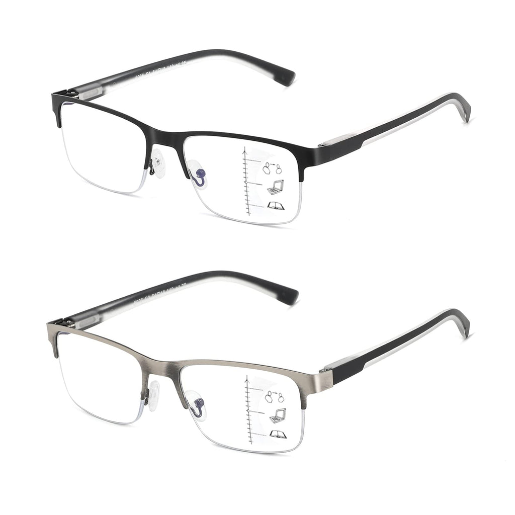 Multifocus Reading Glasses Men Progressive Multifocal Blue Light Computer Reader Half Frame Metal Extra Wide Eyeglasses No Line Bifocals Large Designer Cheaters Transition Square Eyewear 2packs 1.75